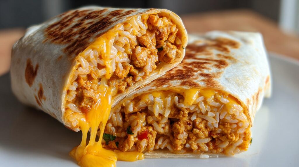 cheesy ground chicken & rice burritos