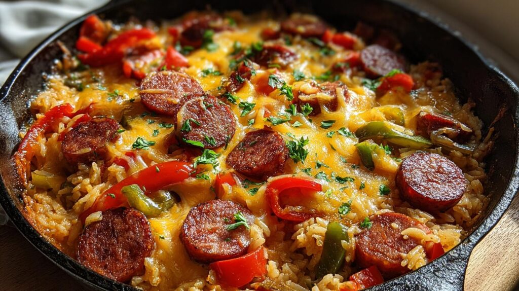 Cheesy Smoked Sausage and Rice Skillet