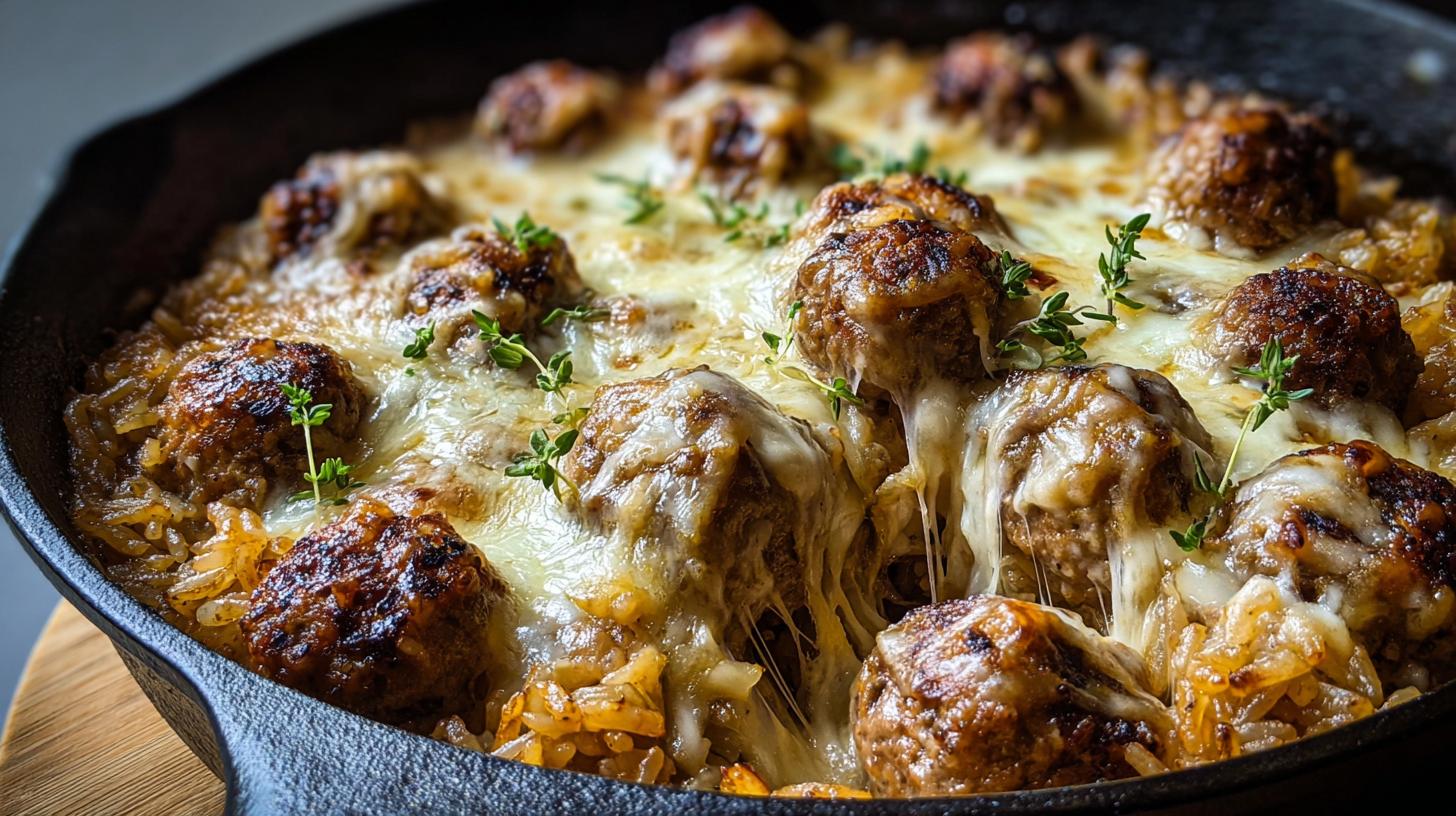 French Onion Meatball Rice Skillet